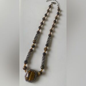 Tiger Eye Beaded Necklace with Silver Details